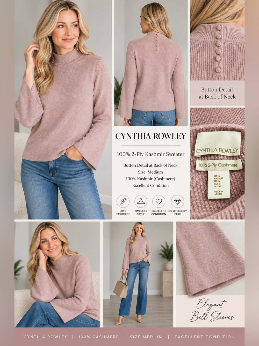 Cynthia Rowley 100% 2-Ply Cashmere Blush Bell Sleeve Sweater Size M - Picture 7 of 7